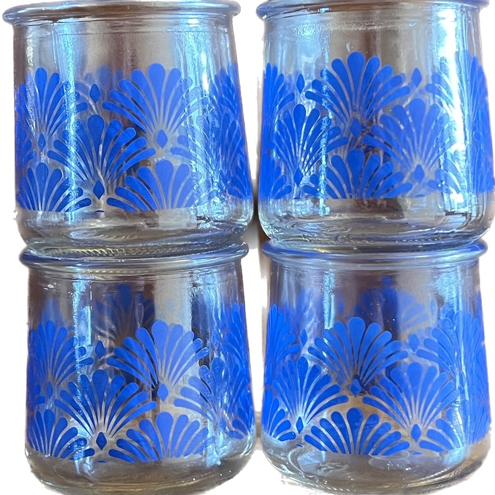 Lot of 4 Yoplait Oui Blue Art Deco Fan Jars Limited Edition